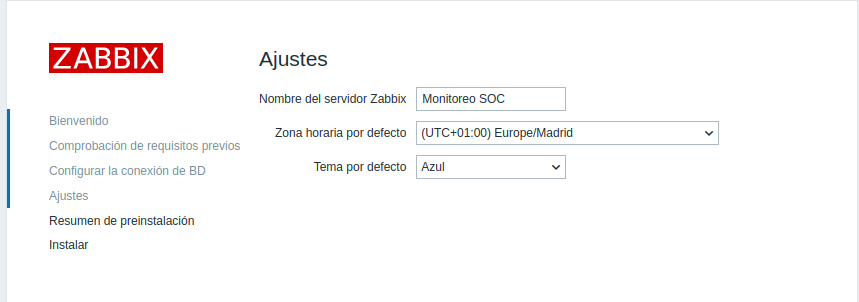 Ajustes: nombre Monitoreo SOC, zona horaria Europe/Madrid